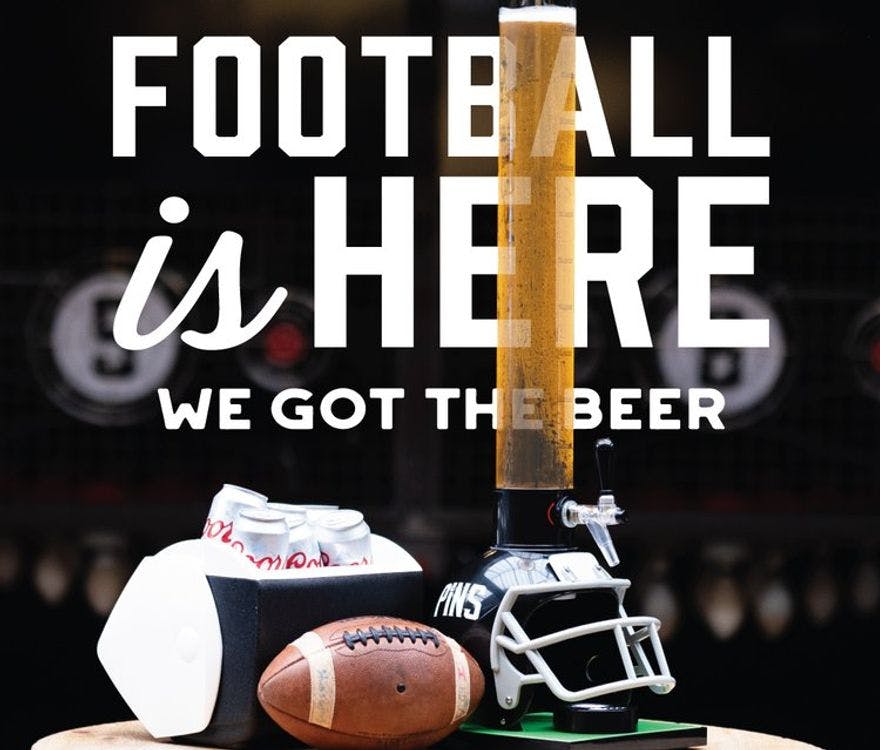 Promo for Pins 100oz football themed beer towers